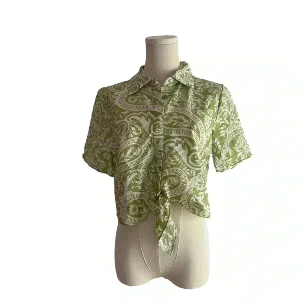 Joie Cropped Hawaiian Button Down Short Sleeve Tie Front Green Floral XS NWT
